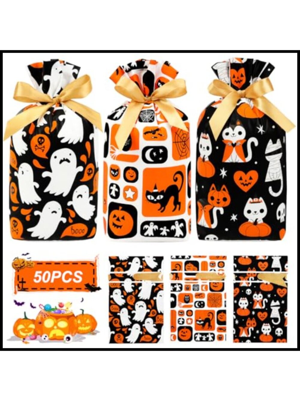 Shintop 50PCS Small Drawstring Halloween Treat Bags Plastic Goodie Bags
